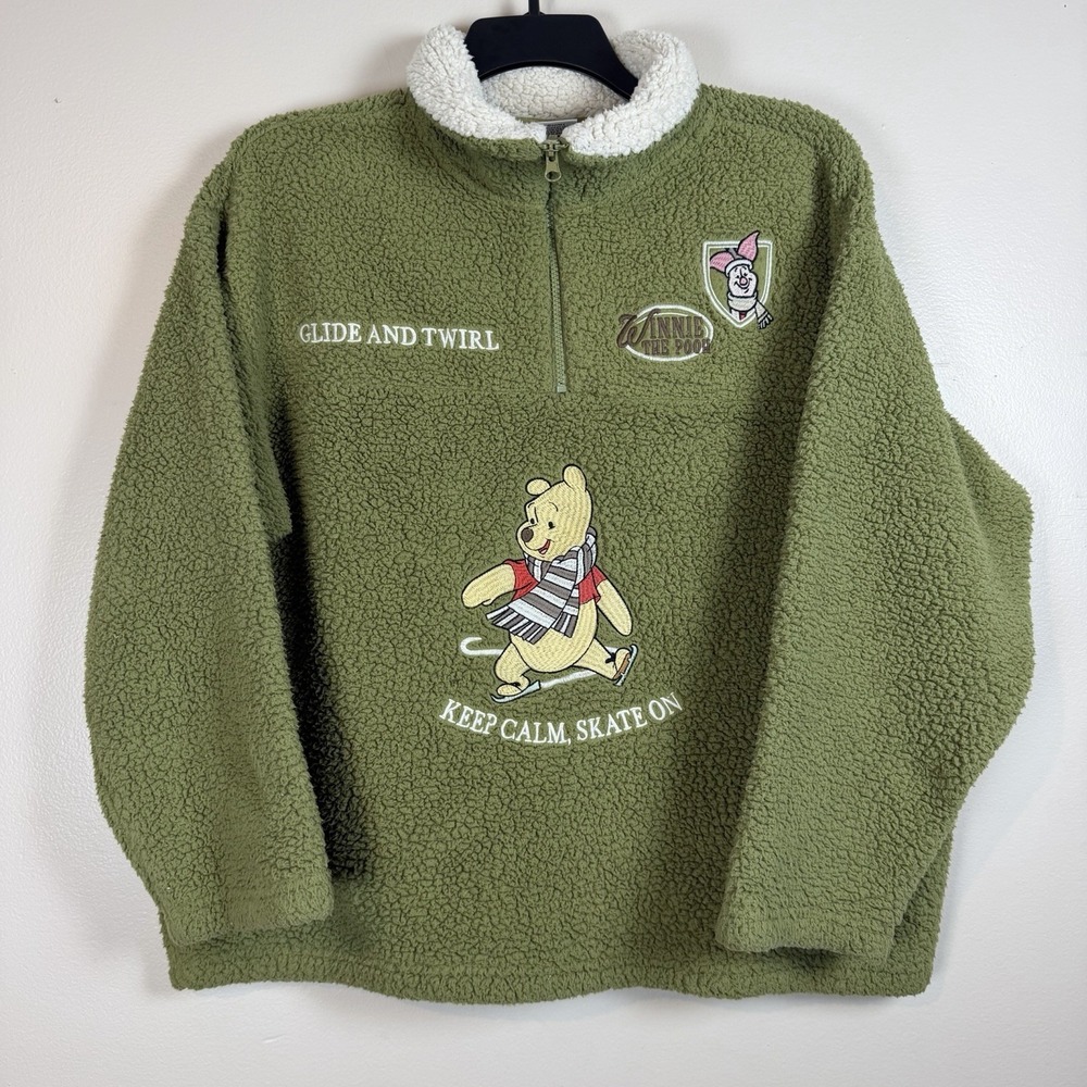 Winne the Pooh Women's Disney Character Winter Sherpa Pullover Olive Green XXL